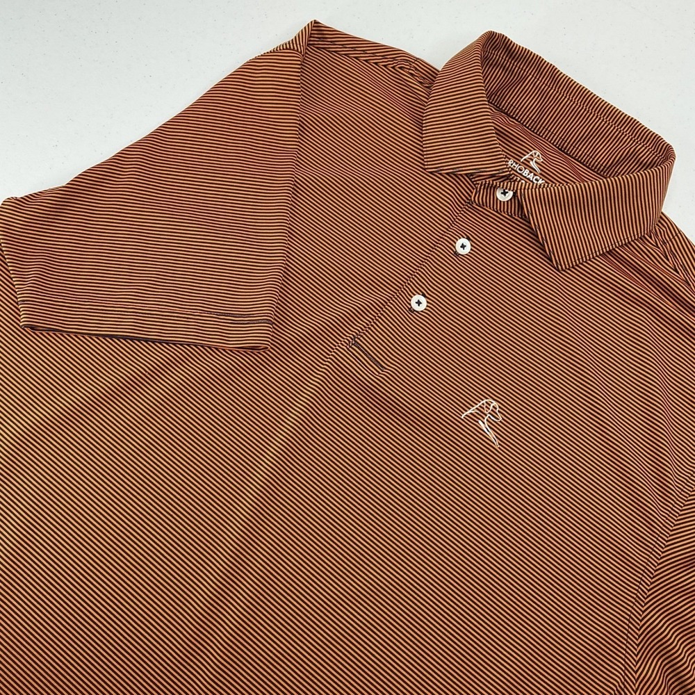 Rhoback The Birdie Stripe Polo Mens Medium Orange Navy Performance Golf Shirt